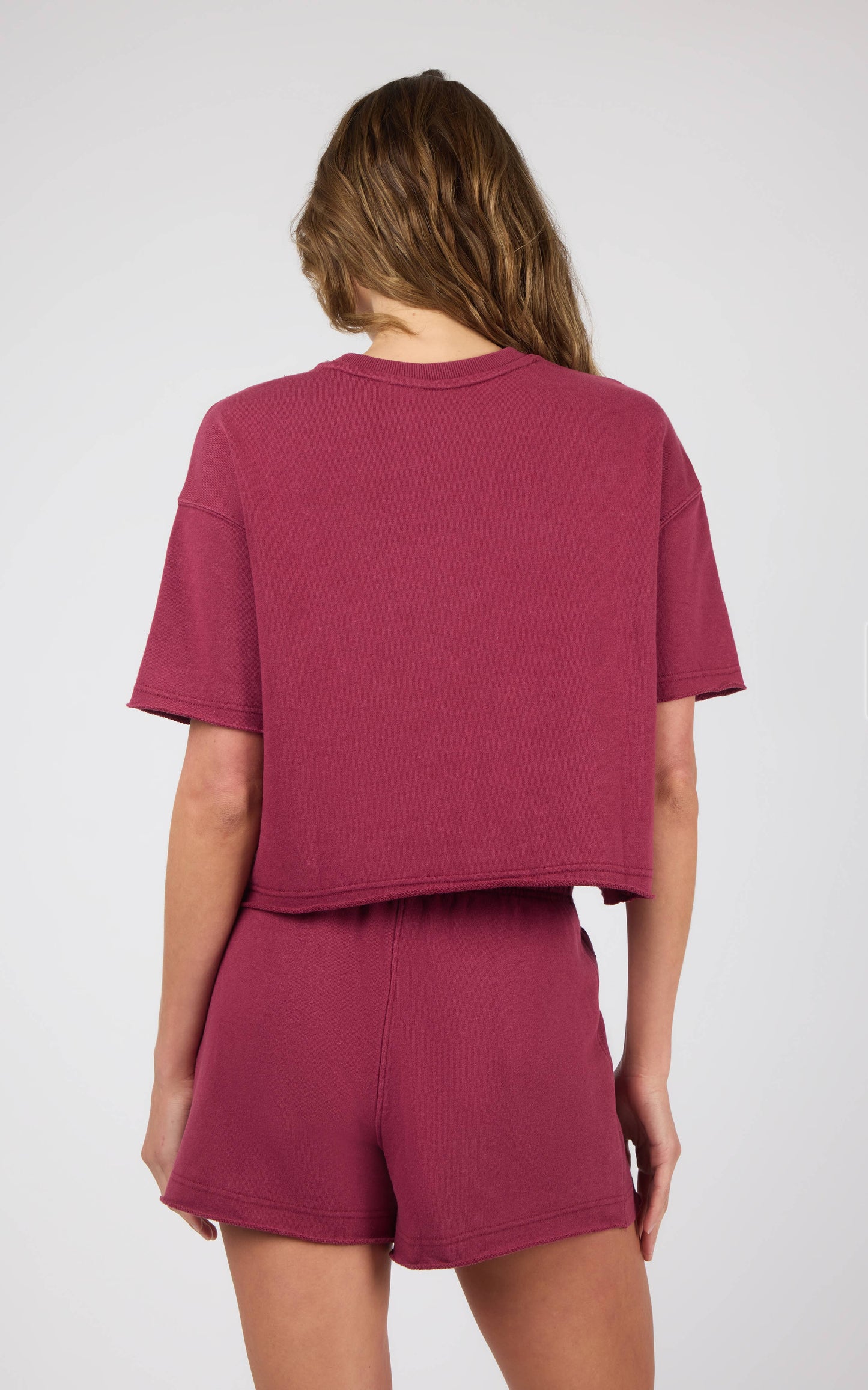 Women's Loop Terry Raw Edge Crew Short Sleeve Top and Shorts