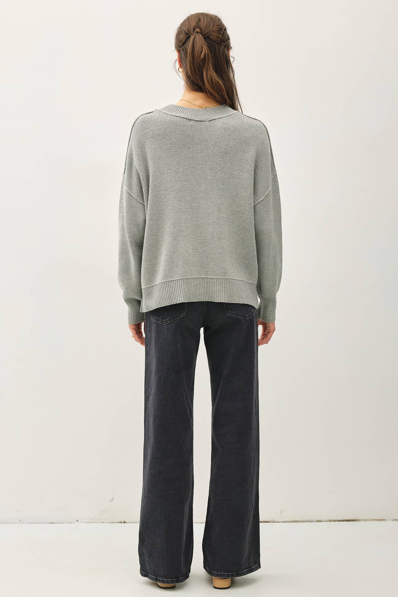 Ribbed Knit Sweater With Raw Seam Details