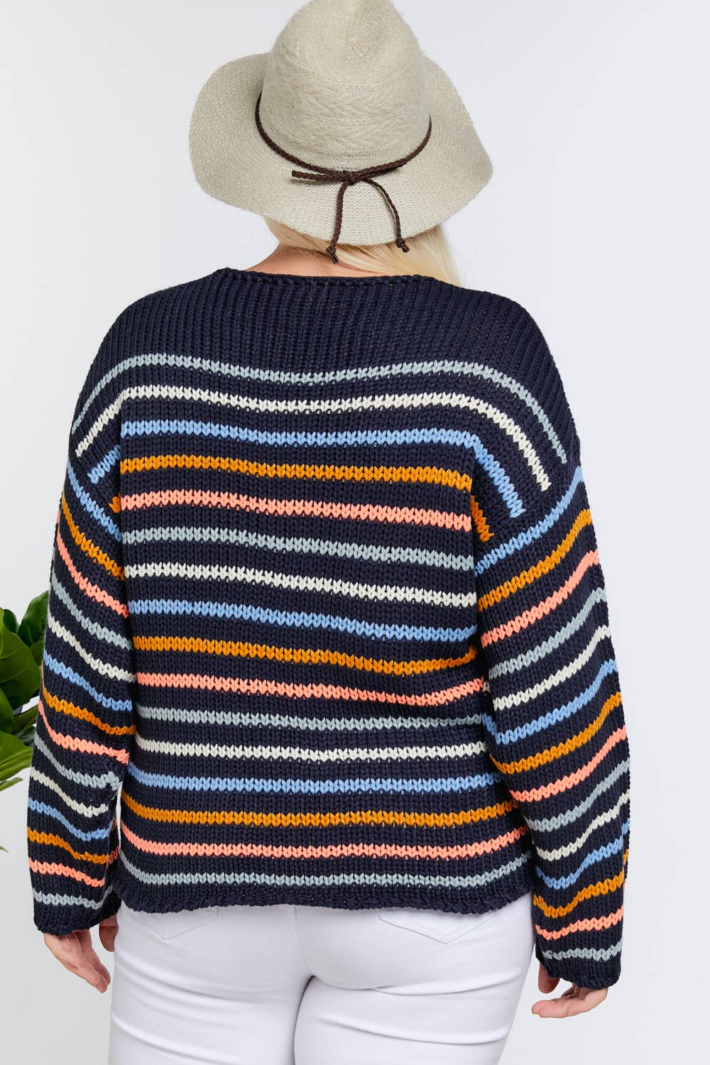 PLUS STRIPE ROUND NECK LONG SLEEVE KNIT SWEATER