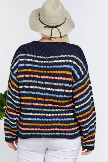 Plus Stripe Round Neck Long Sleeve Knit Sweater