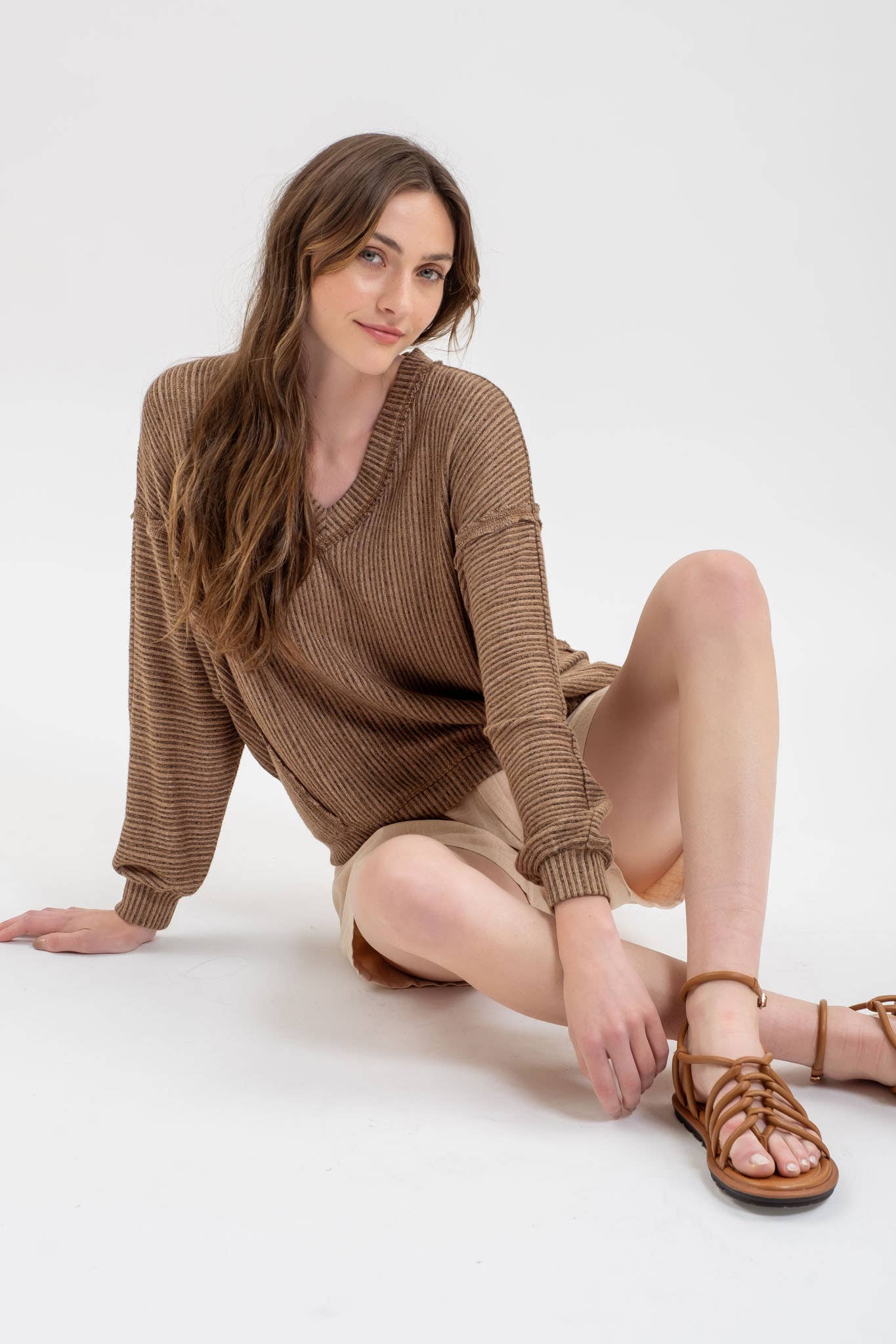 Stripes Drop Shoulder V Neck Knit Top