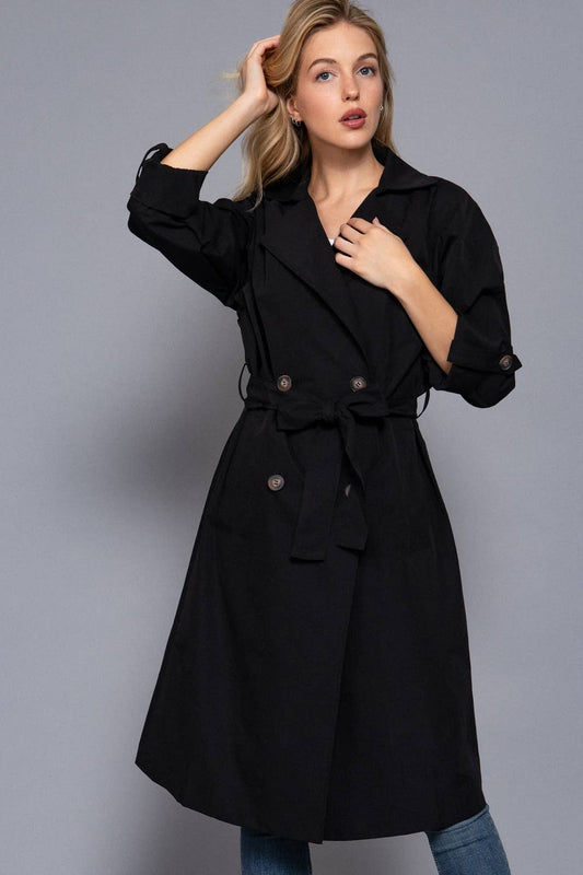 Long Sleeve V-Neck Lapel Collar Trench Coat with Belt