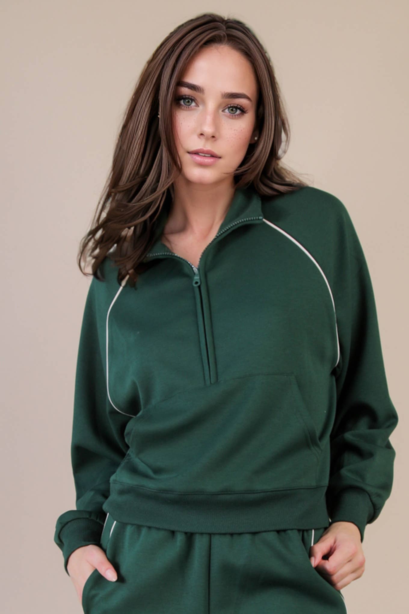 Half Zip Up Piping Detail Knit Casual Top