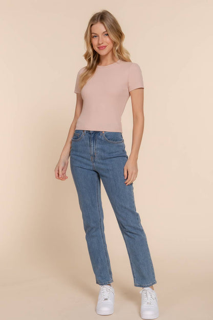 Short Sleeve Crew Neck Cotton Spandex Rib Knit Top