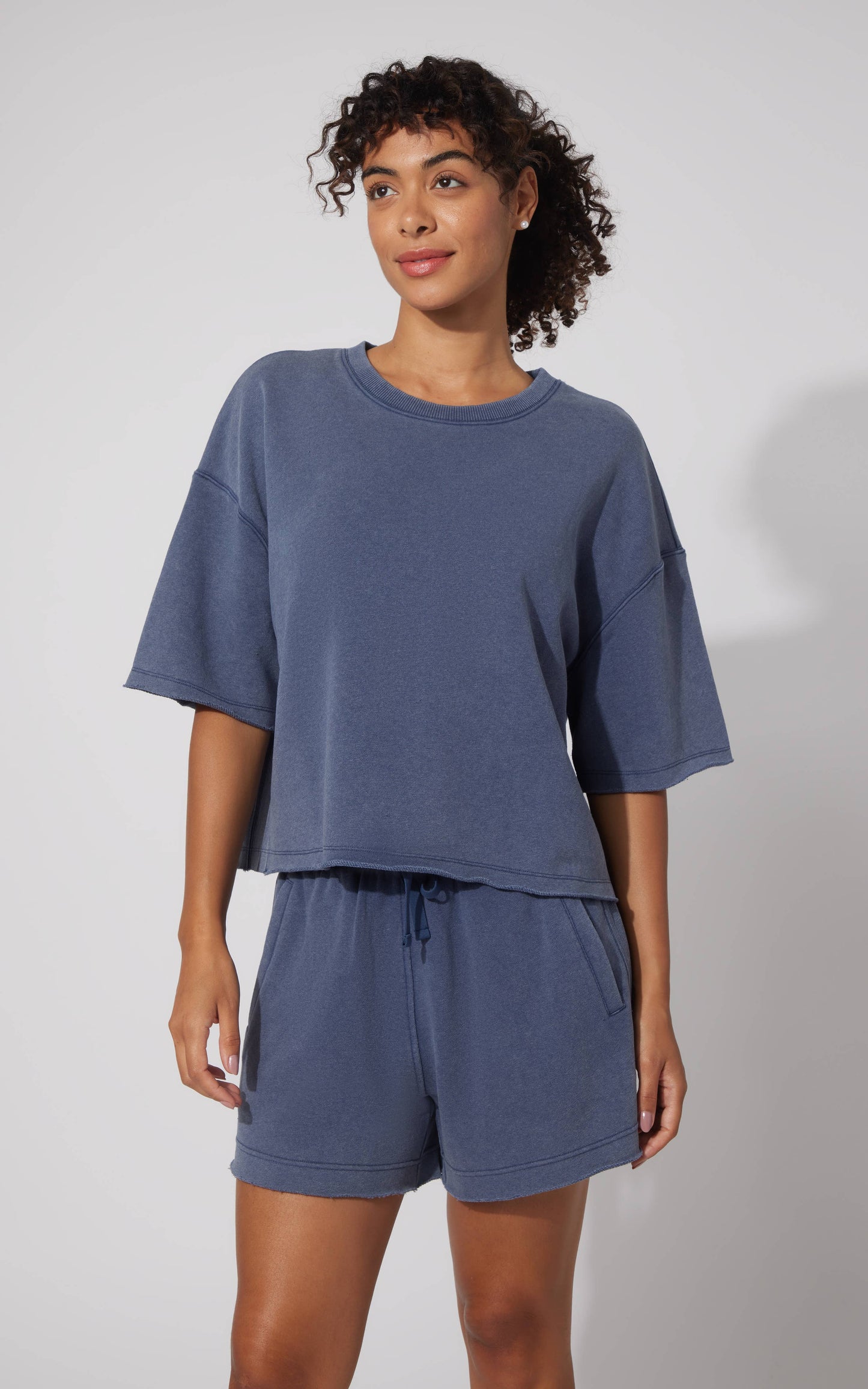 Women's Loop Terry Raw Edge Crew Short Sleeve Top and Shorts