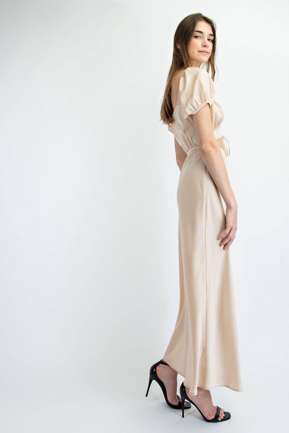 Bias Cut Long Satin Dress  Ruched Bodice Detail