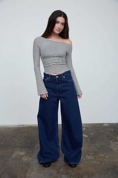 Stripe Asymmetrical Neck Long Sleeve Knit Top