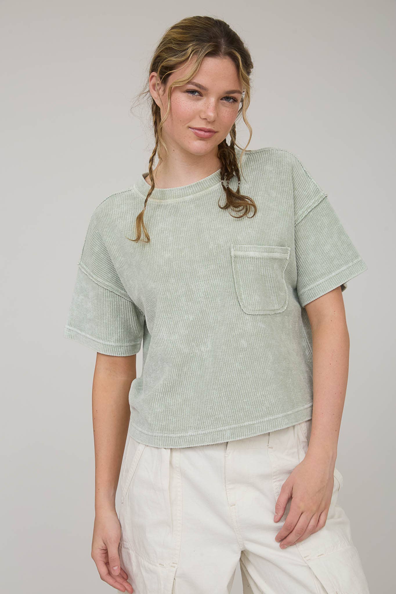 Washed Ribbed Short Sleeve Tee With Pocket