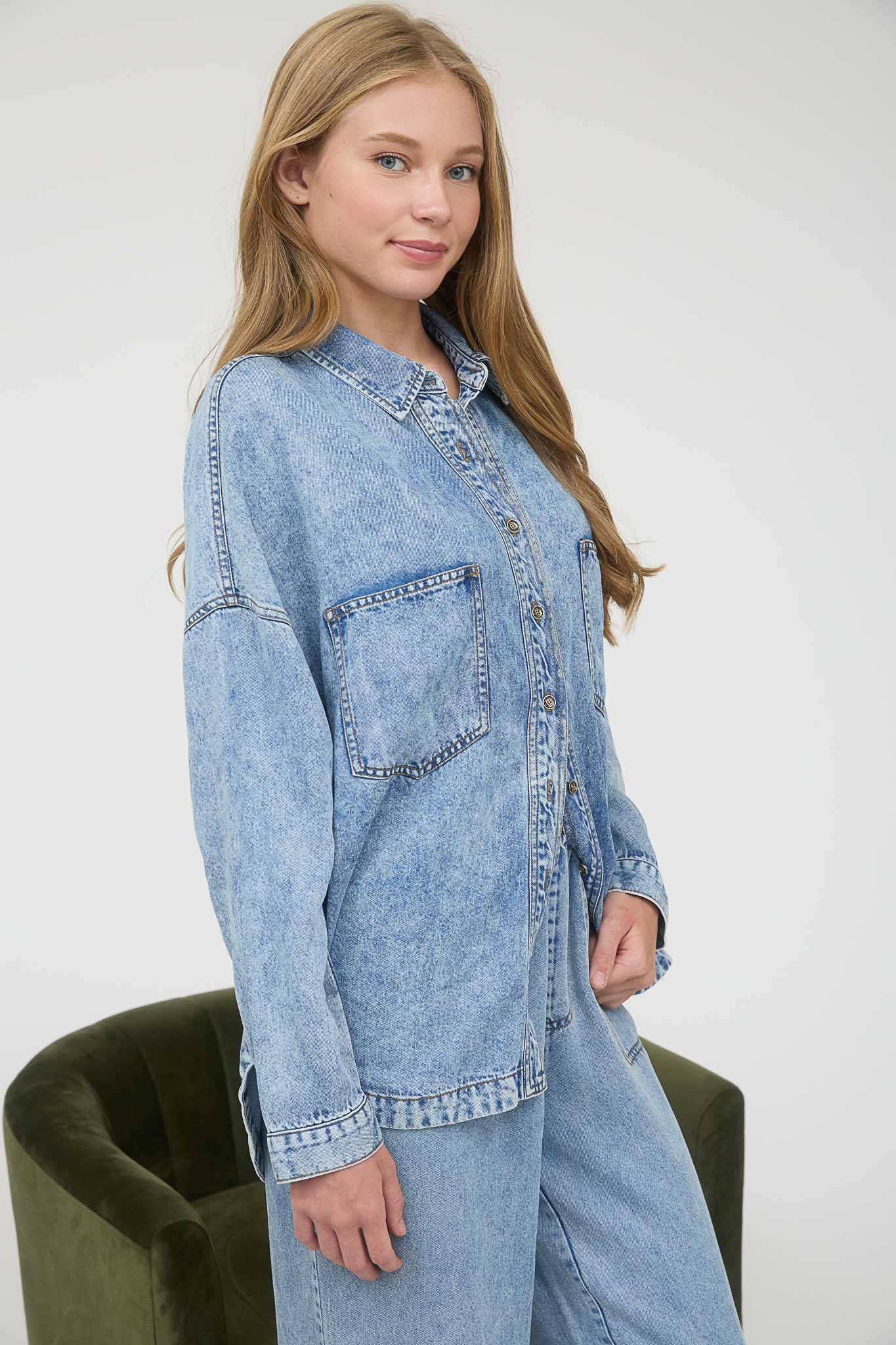 Washed Chambray Button Down Long Sleeve Shirt