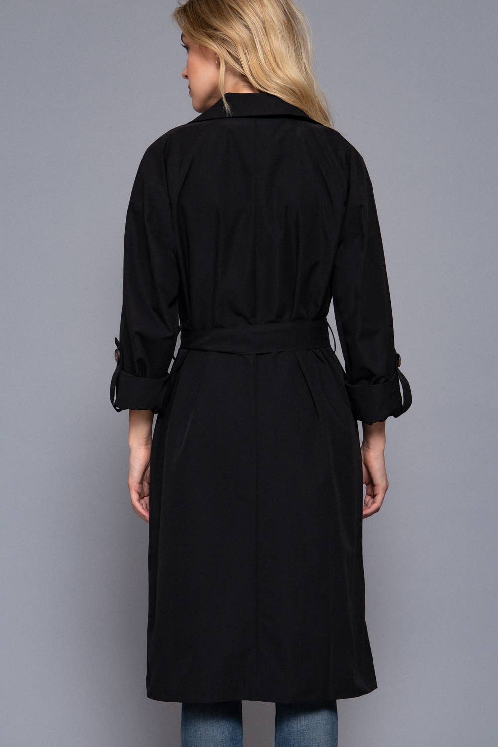 Long Sleeve V-Neck Lapel Collar Trench Coat with Belt