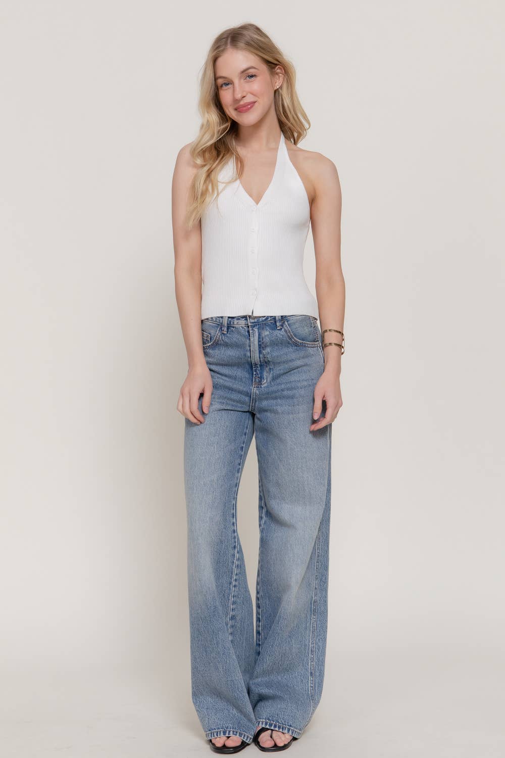 Halter Neck Button Down Sweater Top