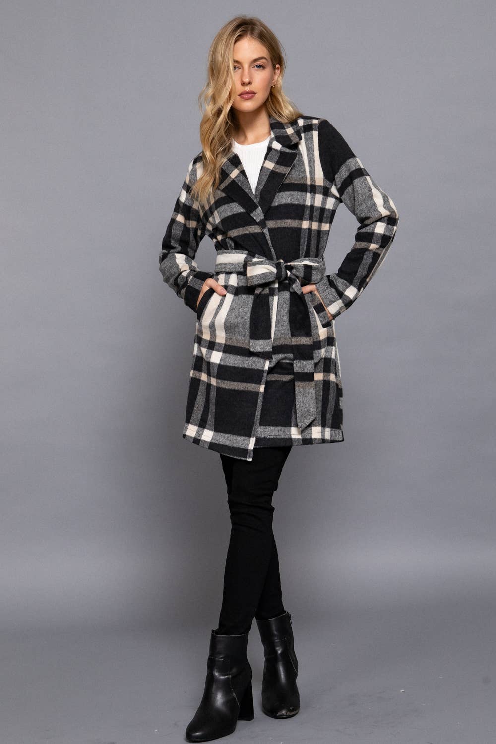 Long Sleeve Notched Collar with Waist Belt Plaid Jacket