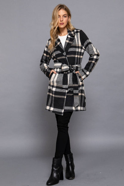 Long Sleeve Notched Collar with Waist Belt Plaid Jacket