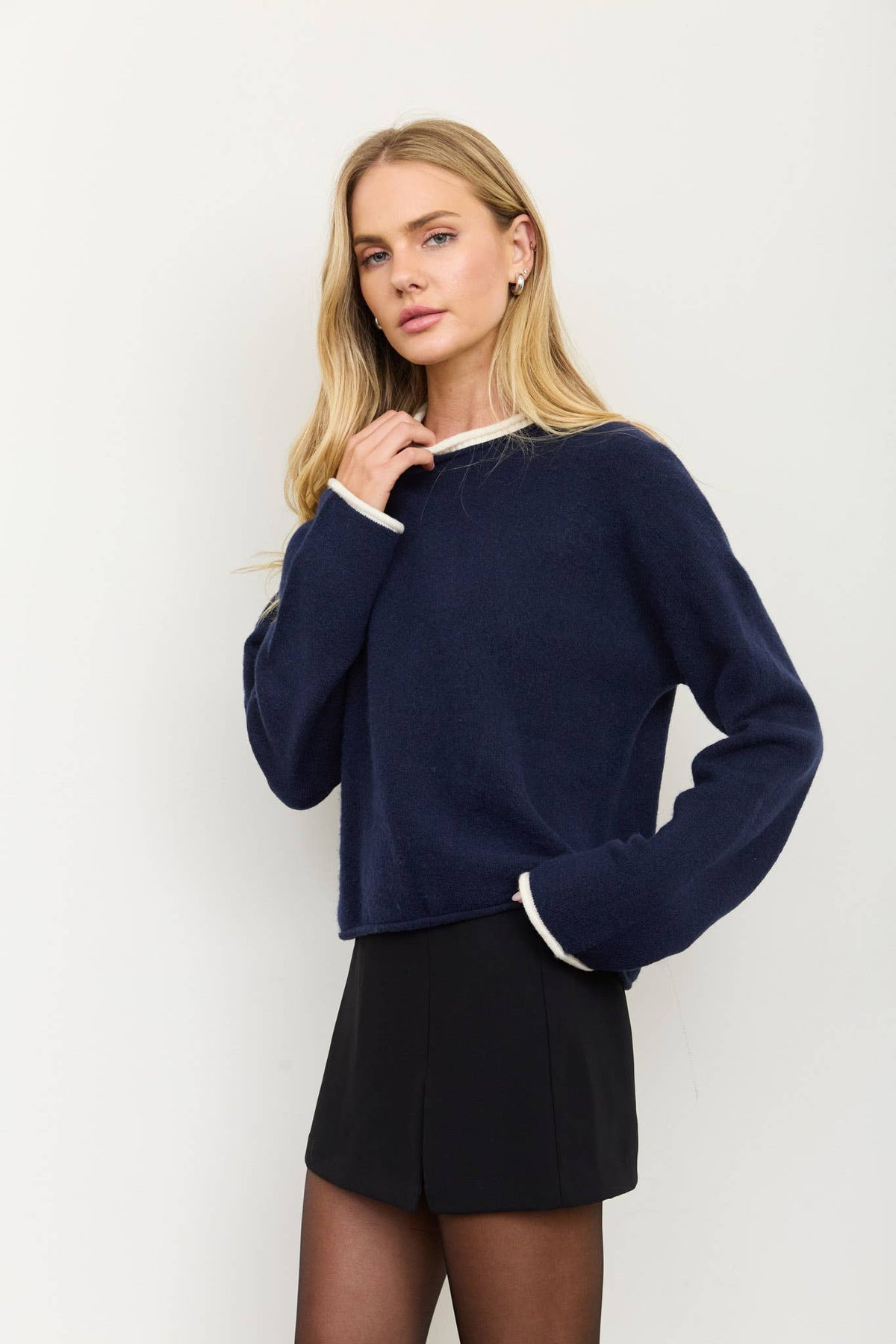 Kate Contrast Rolled Edge Crewneck Pullover