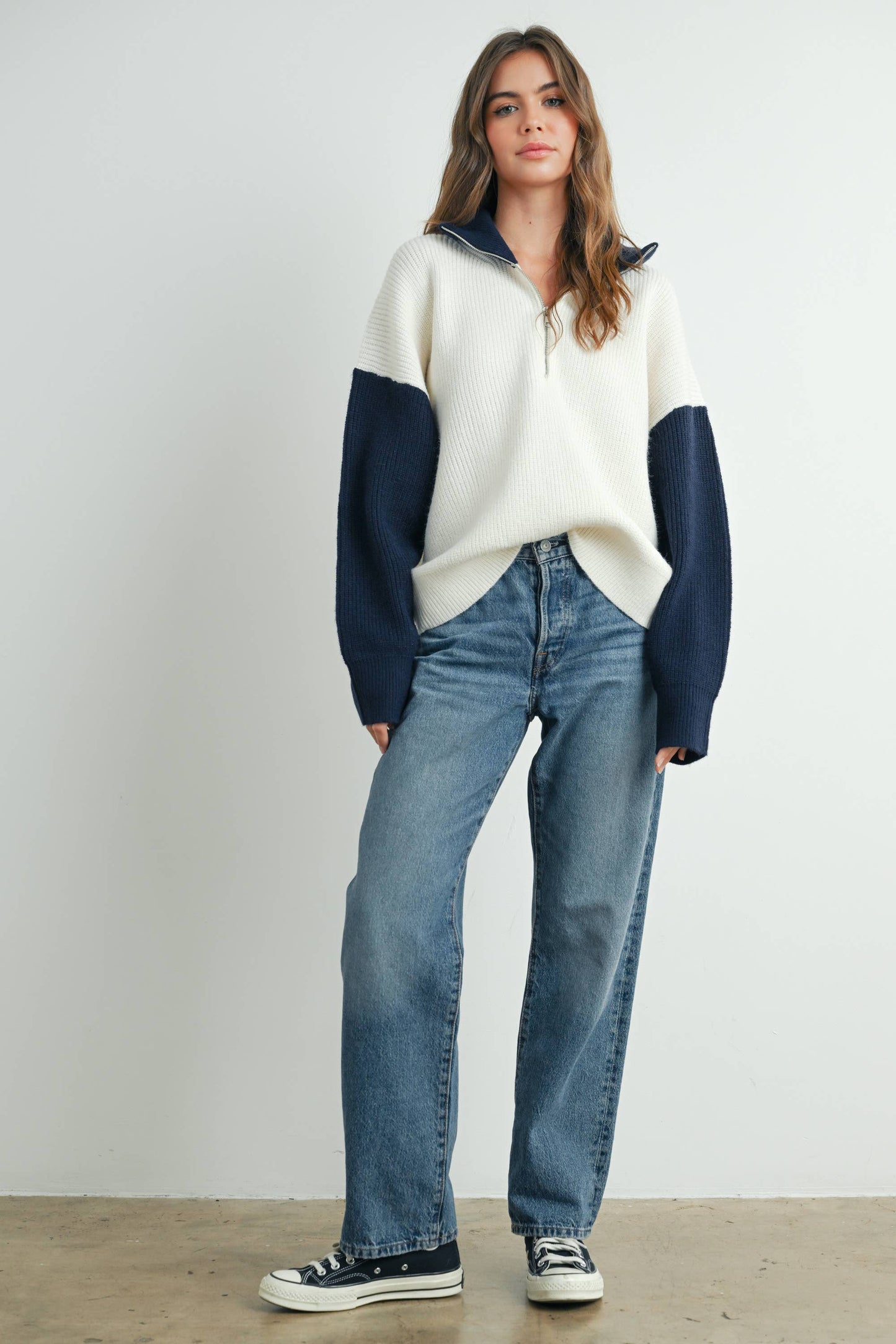 Color Block Collar Half Zipper Pullover Sweater