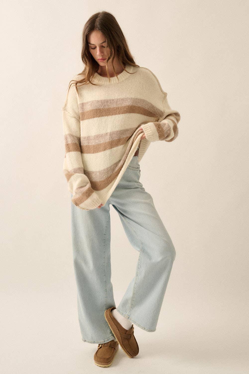 Striped Colorblock Expose-Seam Long Sleeve Sweater
