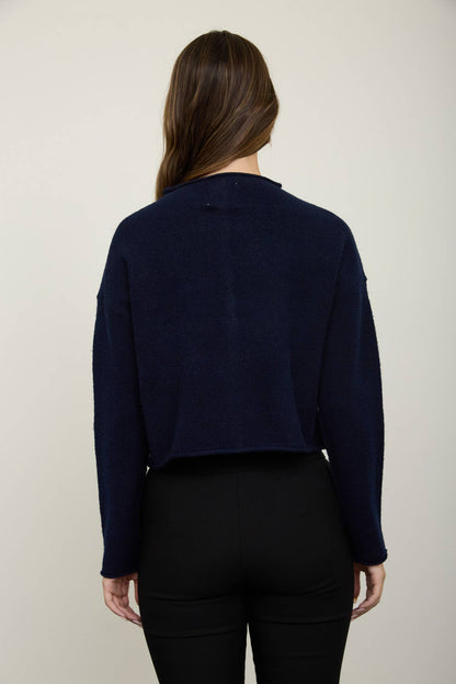 Raw Edge Mock Neck Button Down Cardigan