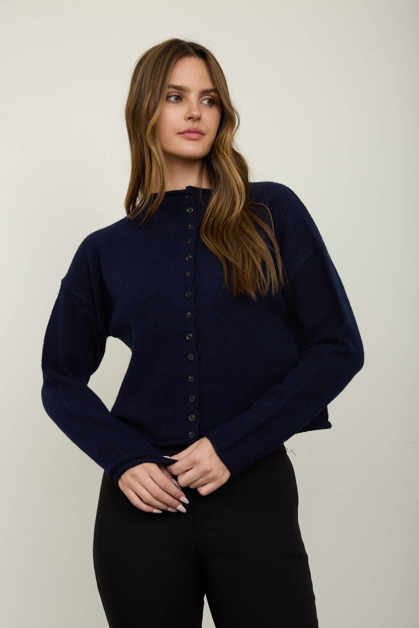 Raw Edge Mock Neck Button Down Cardigan