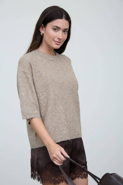 Heathered Crew Neck Half Sleeve Boxy Pullover