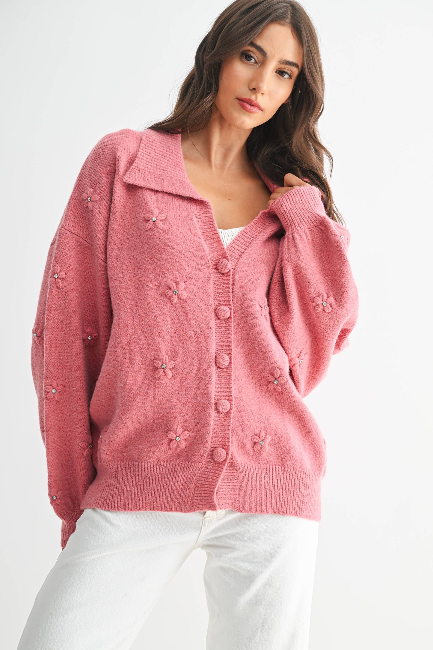 Cozy Pastel Cardigan With Floral Embellishments