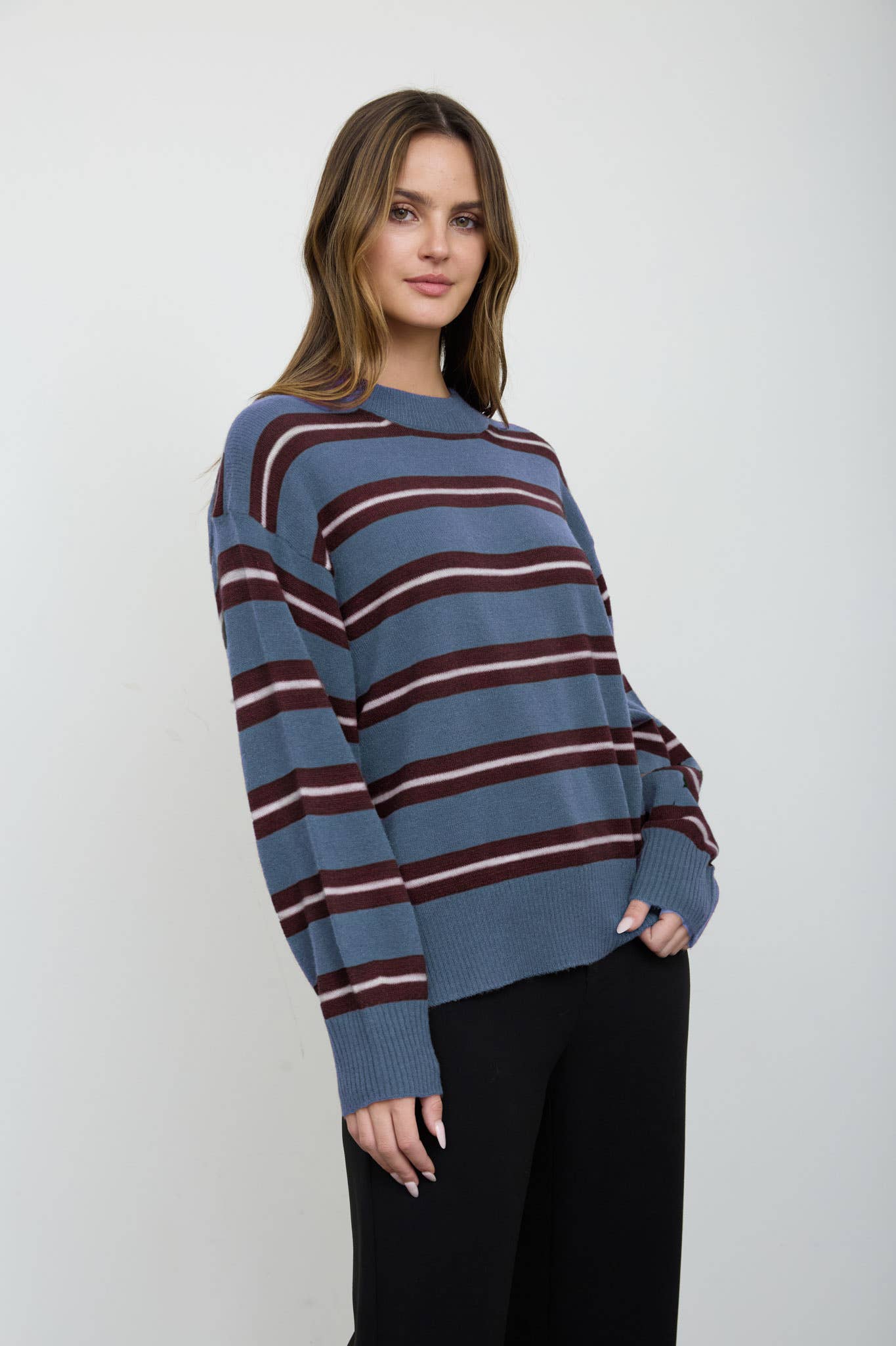 Multi-Color Stripe Crew Neck Relaxed Pullover