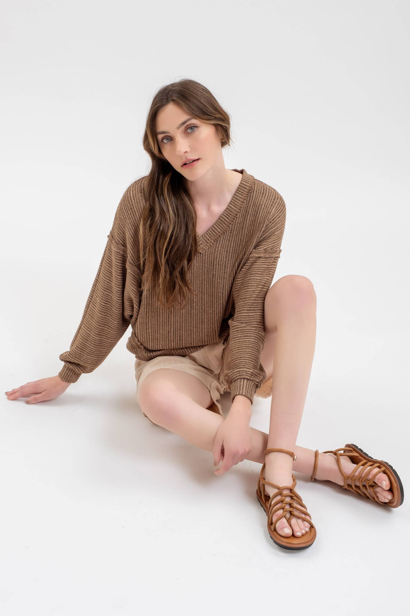 Stripes Drop Shoulder V Neck Knit Top
