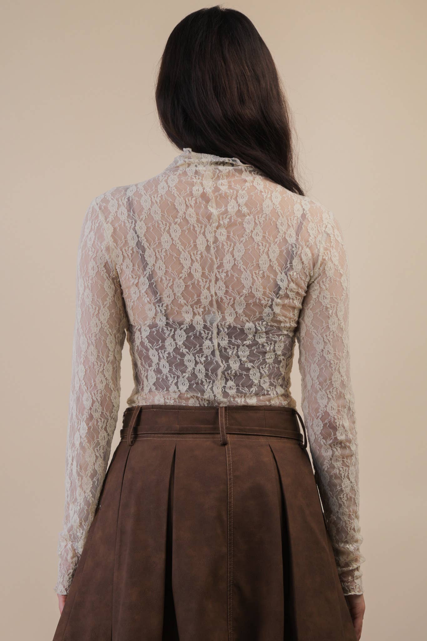 High Neck Fitted Sheer Mesh Lace Knit Top