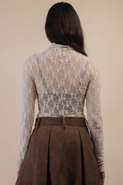 High Neck Fitted Sheer Mesh Lace Knit Top