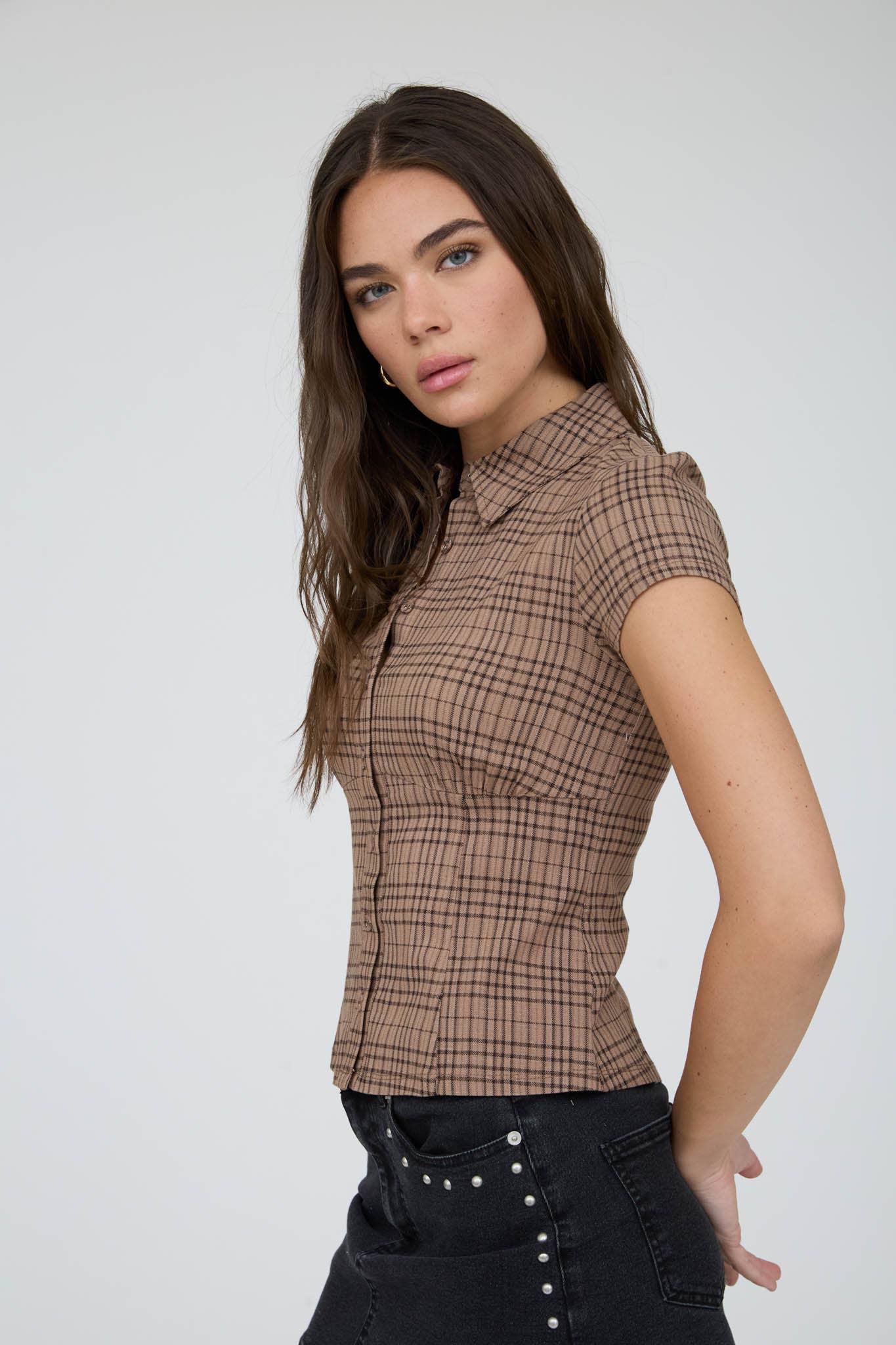 Plaid Collared Short Sleeve Corset Button Down Top