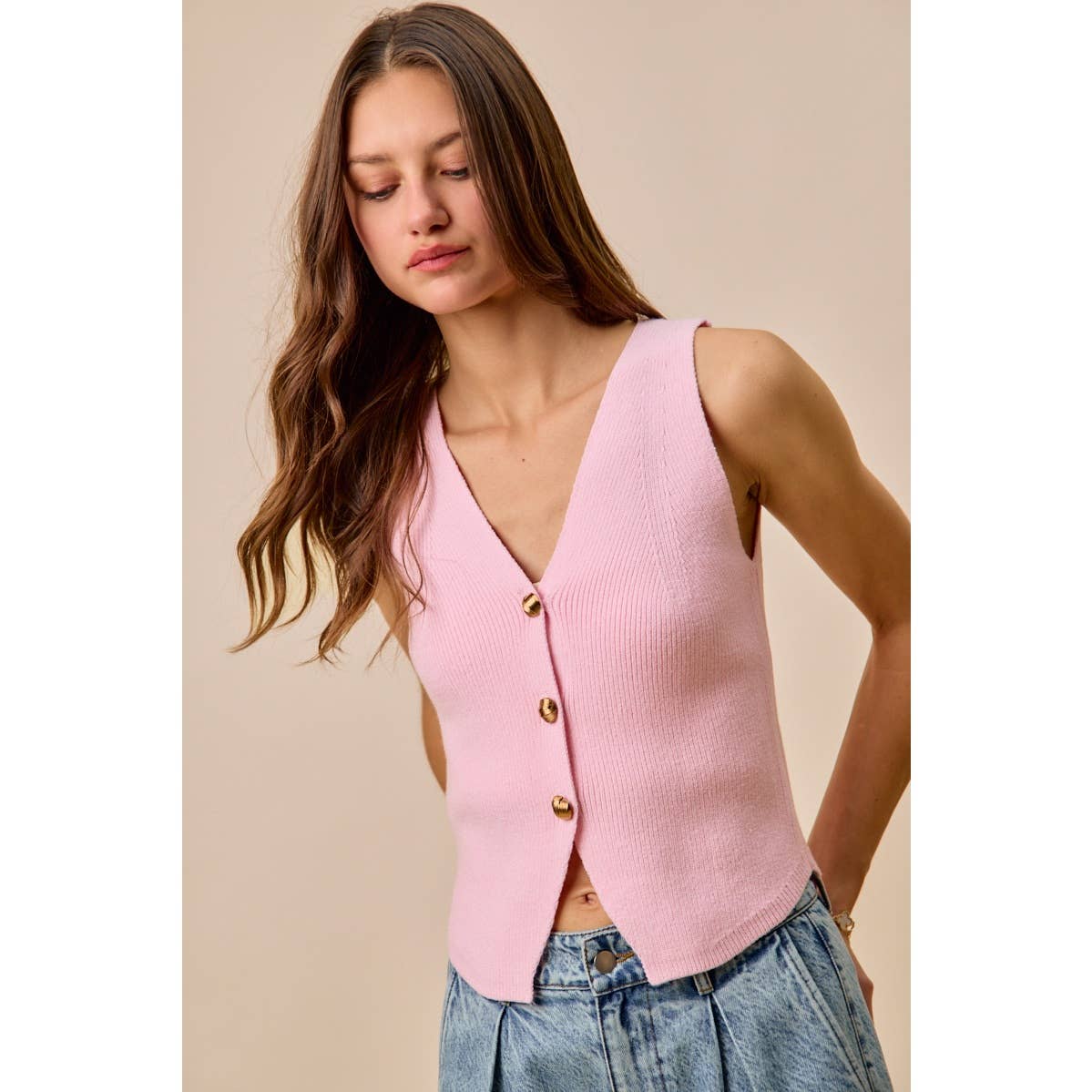 Knitted Sweater Vest Top With Metal Buttons