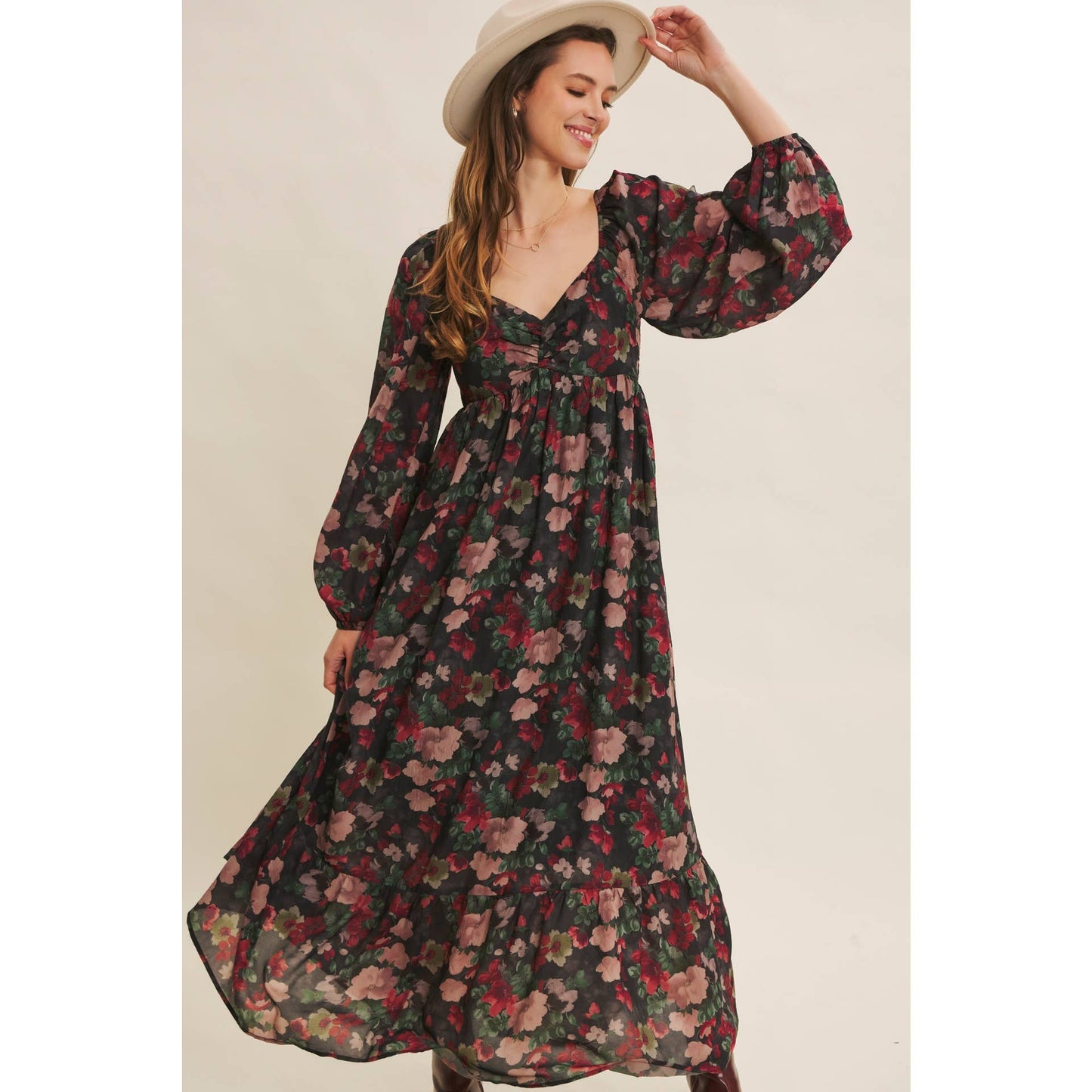 Love Letter To Autumn Floral Crinkled Maxi Smocked Dress