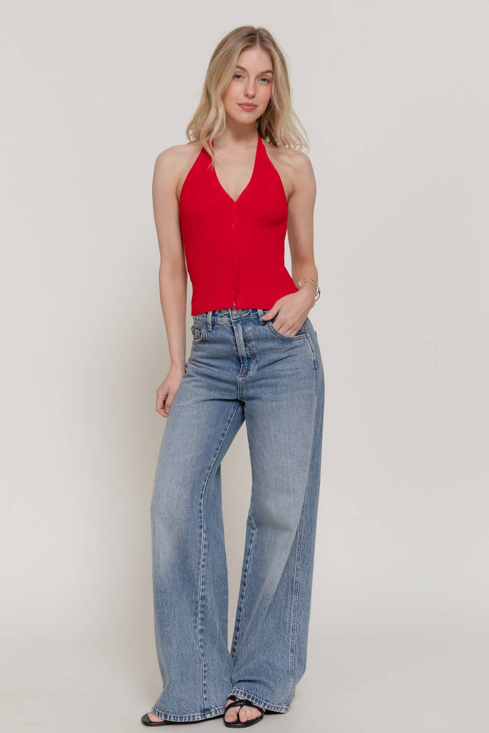 Halter Neck Button Down Sweater Top
