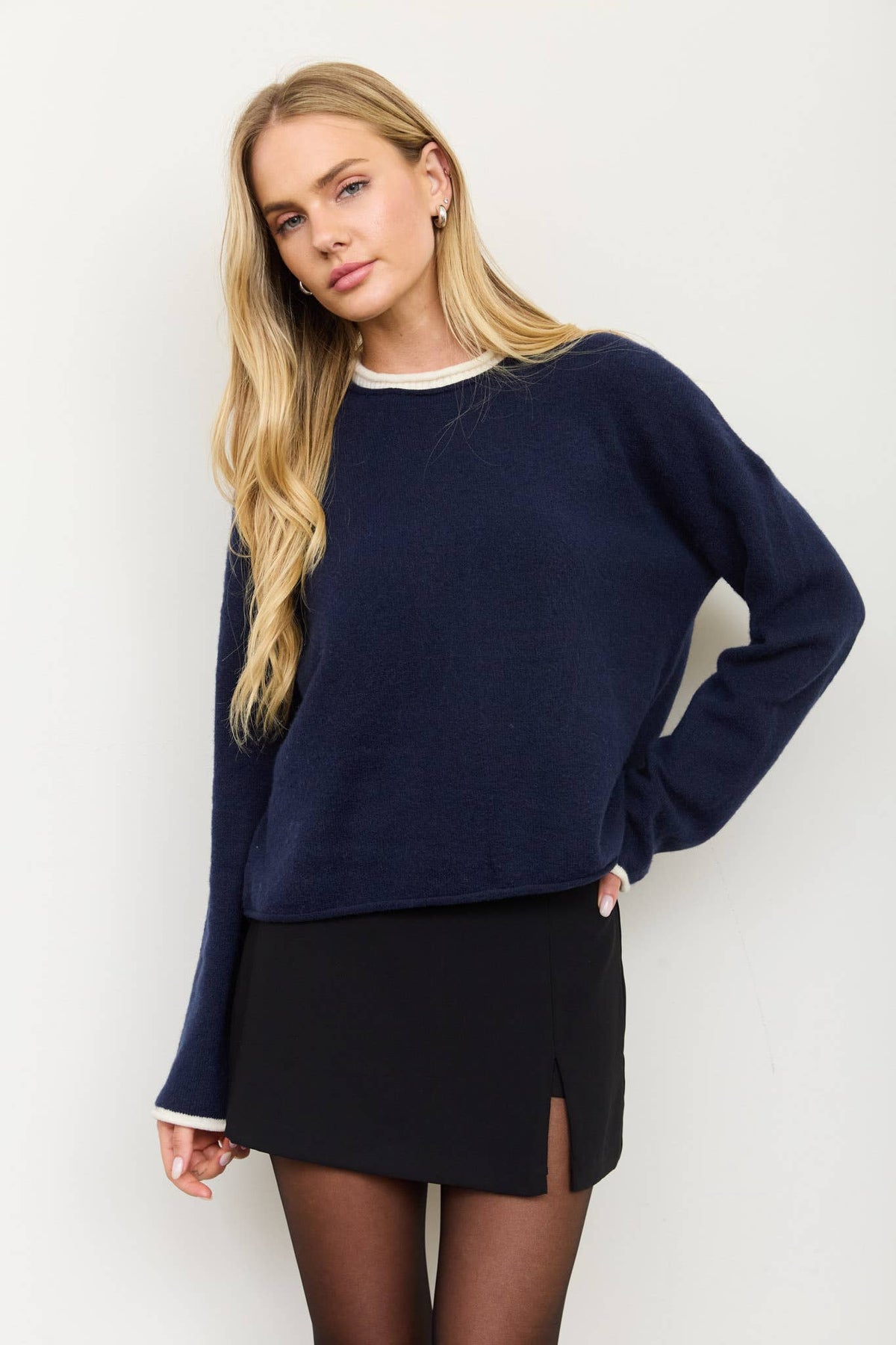 Kate Contrast Rolled Edge Crewneck Pullover