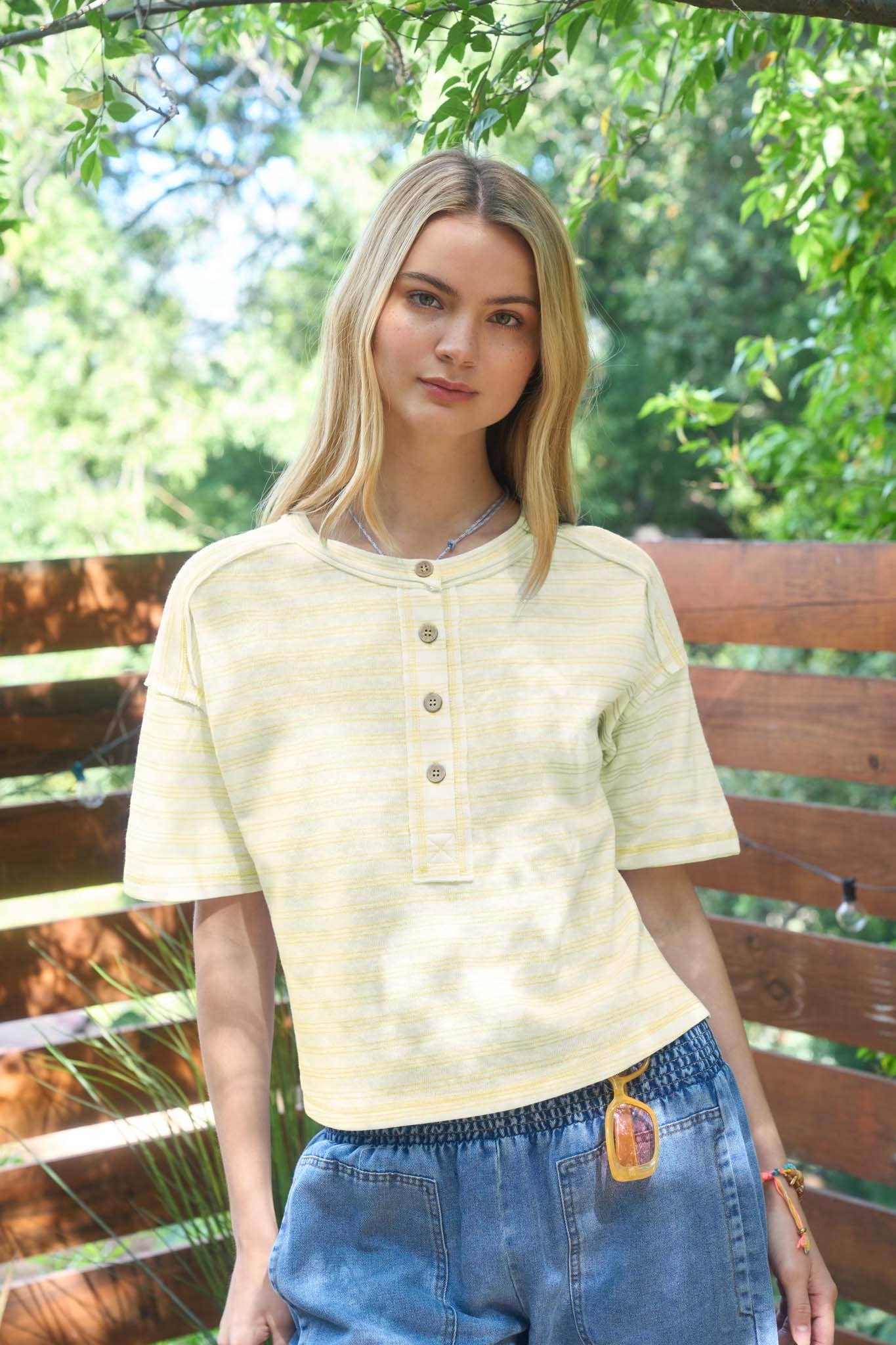 Boxy Short Sleeve Striped Henley Top