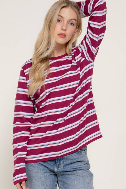 Long Sleeve Multi Striped Knit Jersey Top