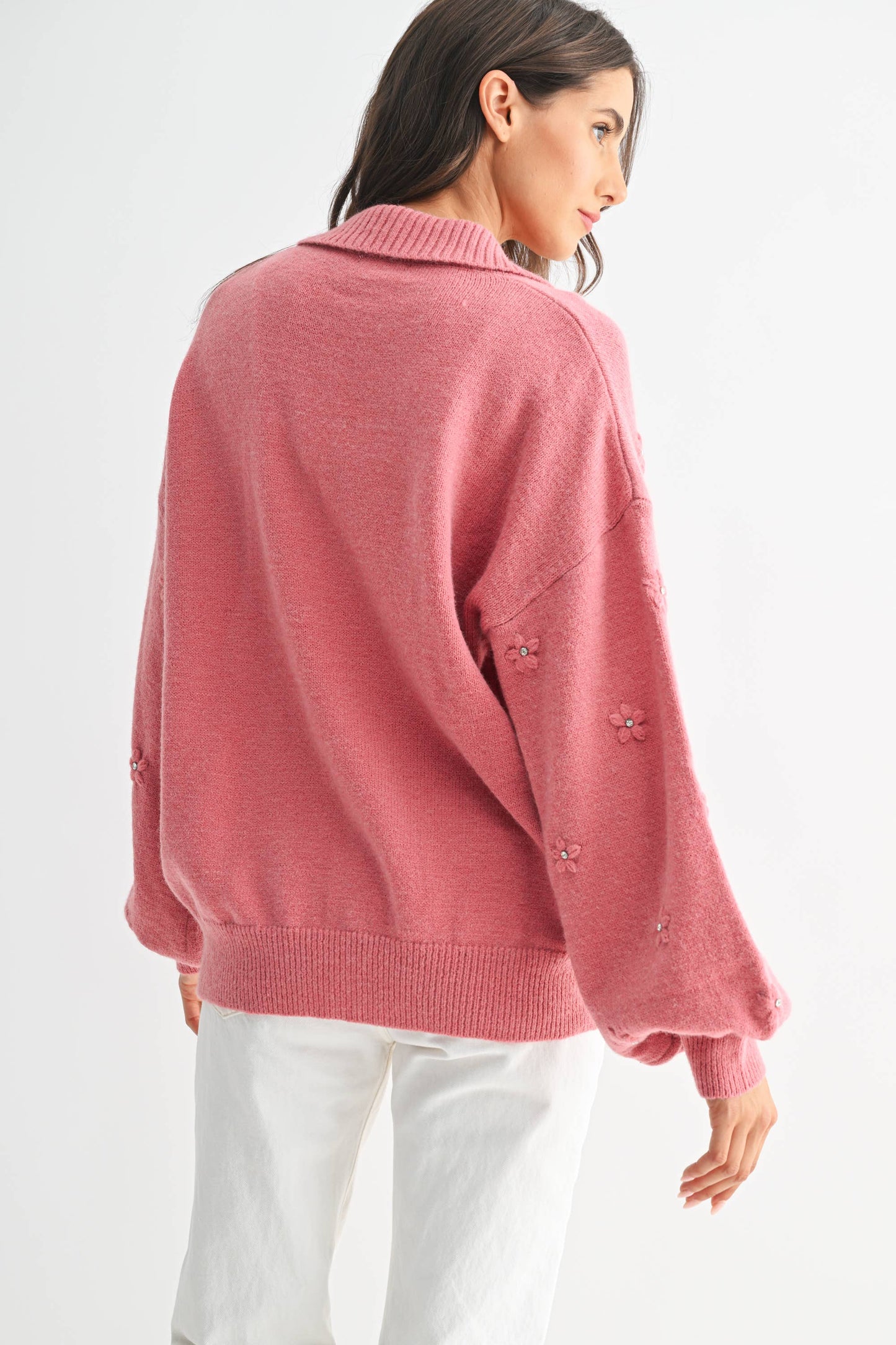Cozy Pastel Cardigan With Floral Embellishments
