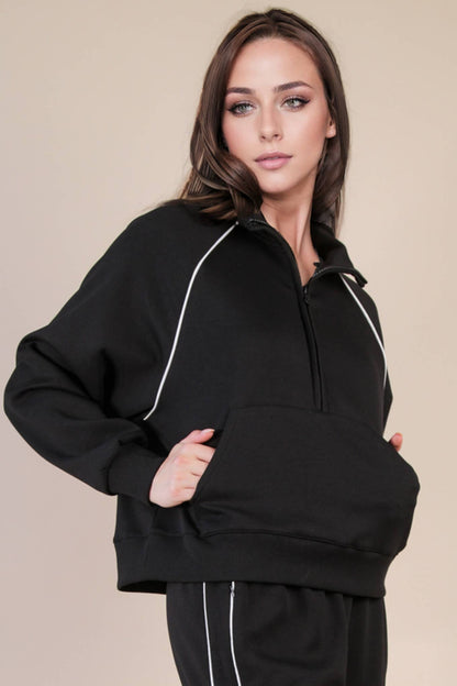 Half Zip Up Piping Detail Knit Casual Top