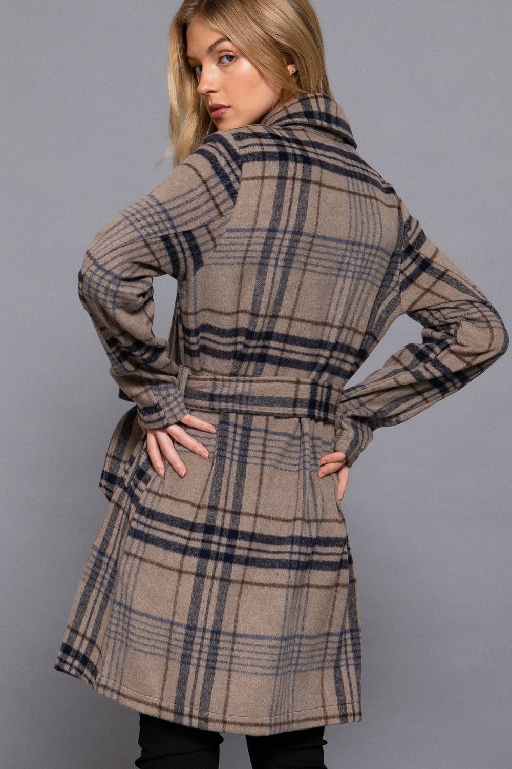 Long Sleeve Notched Collar with Waist Belt Plaid Jacket