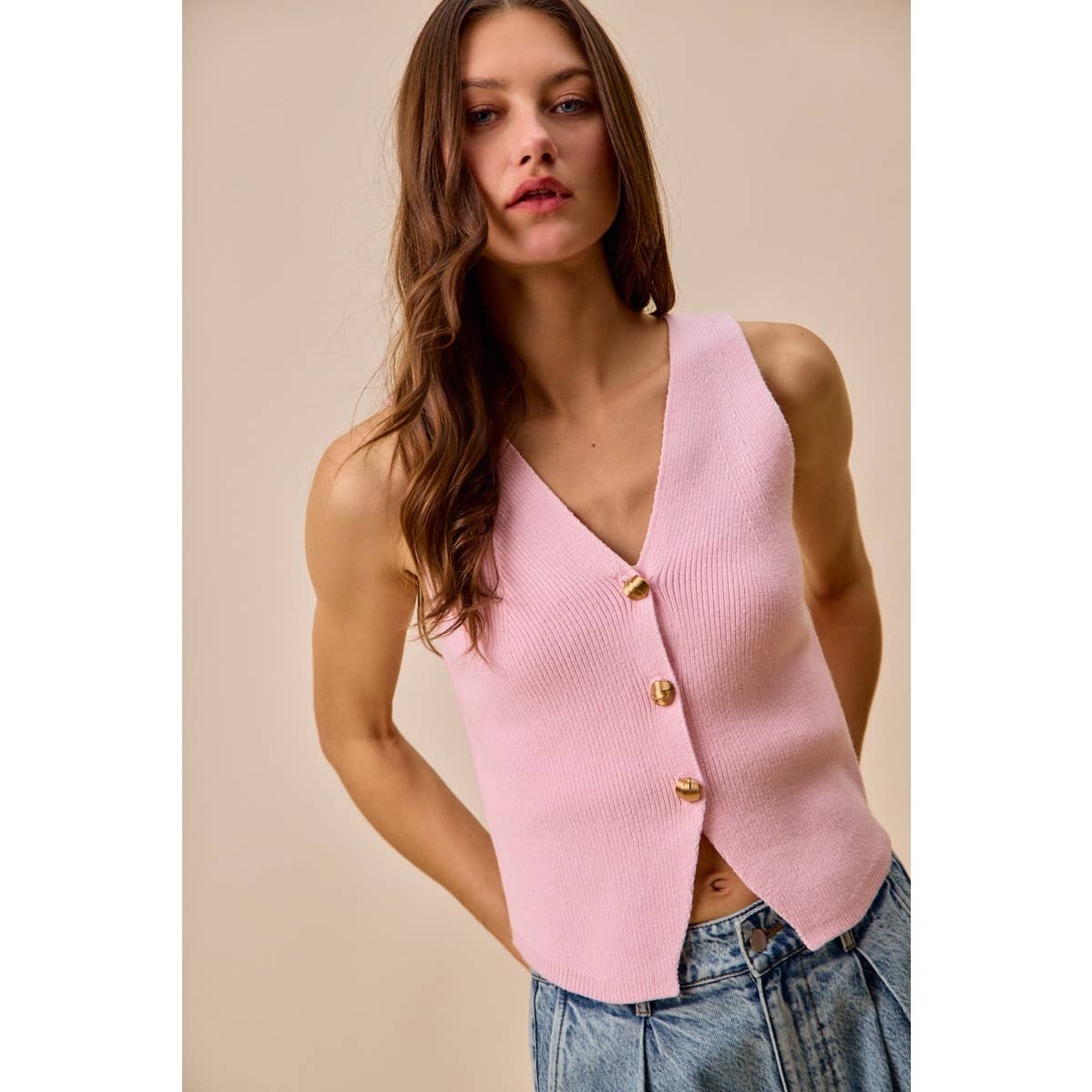 Knitted Sweater Vest Top With Metal Buttons