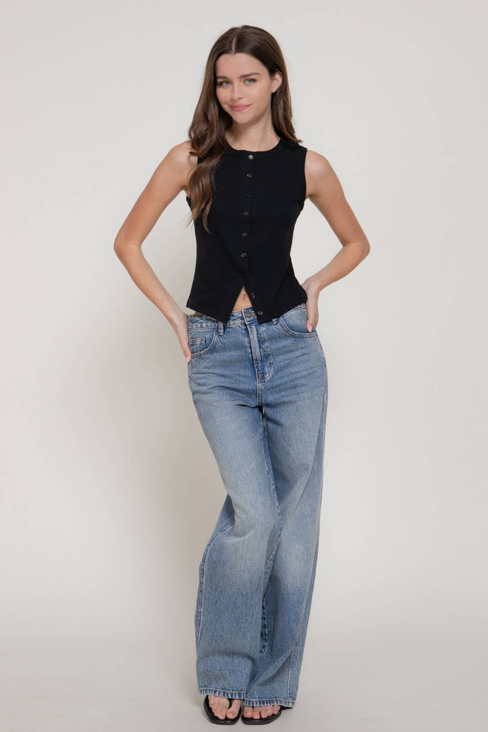 Sleeveless Crew Neck Button Down 1x1 Rib Top