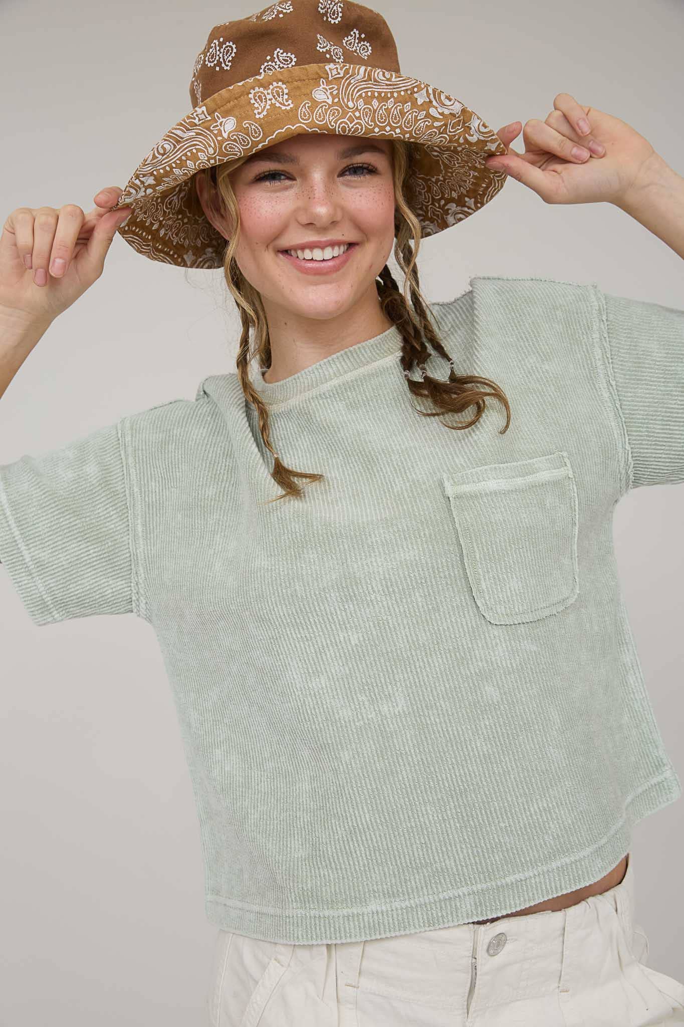 Washed Ribbed Short Sleeve Tee With Pocket