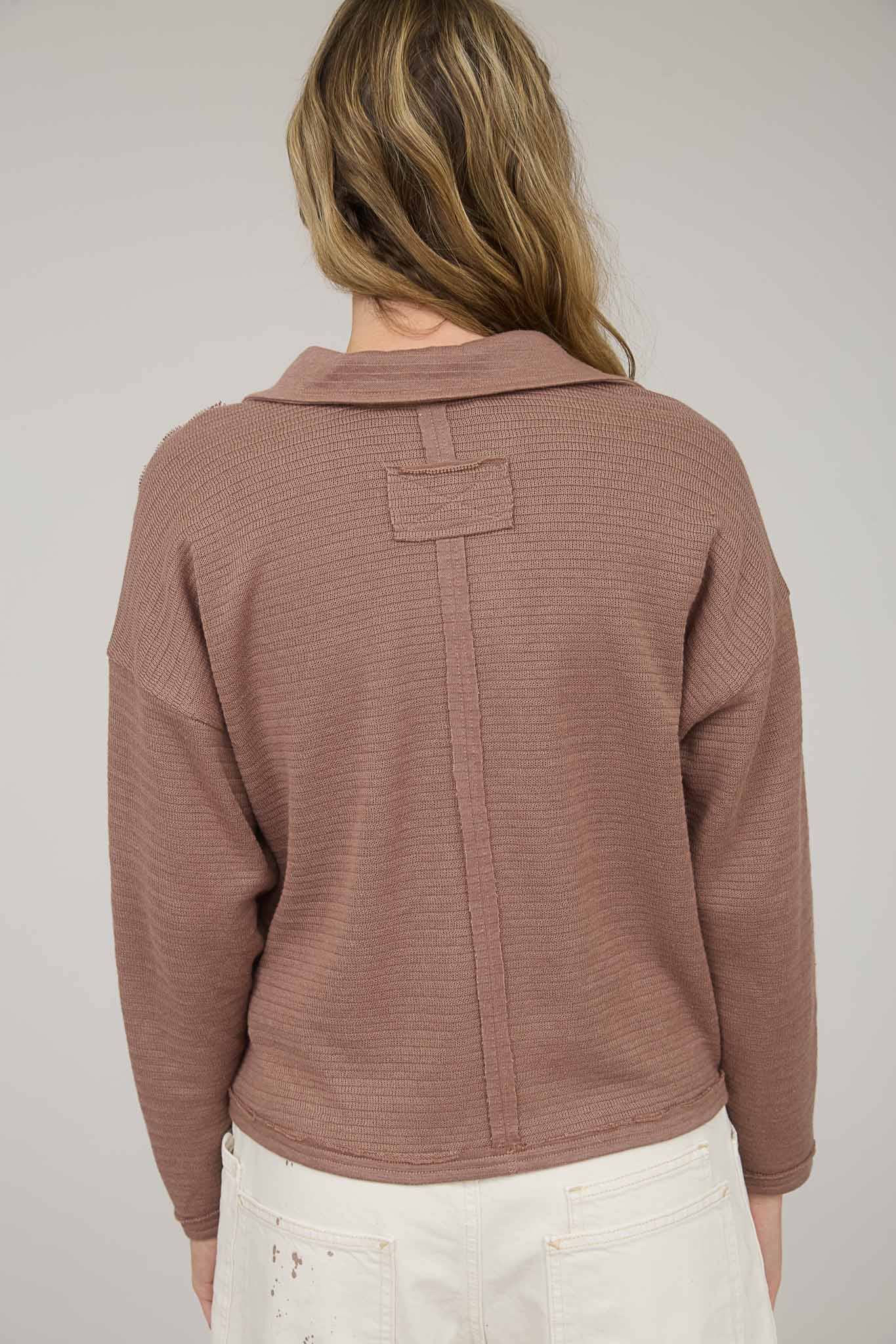 Exposed Seam Long Sleeve Textured Knit Polo
