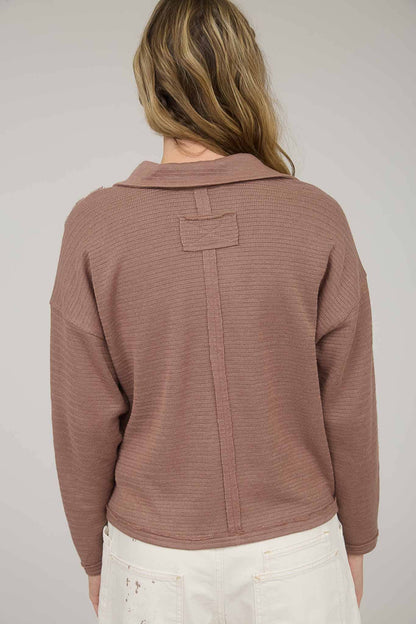 Exposed Seam Long Sleeve Textured Knit Polo