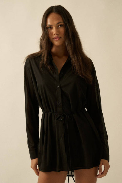 Ribbed Knit Belted Button-Up Romper