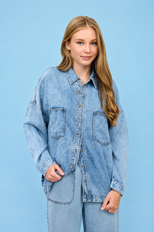 Washed Chambray Button Down Long Sleeve Shirt
