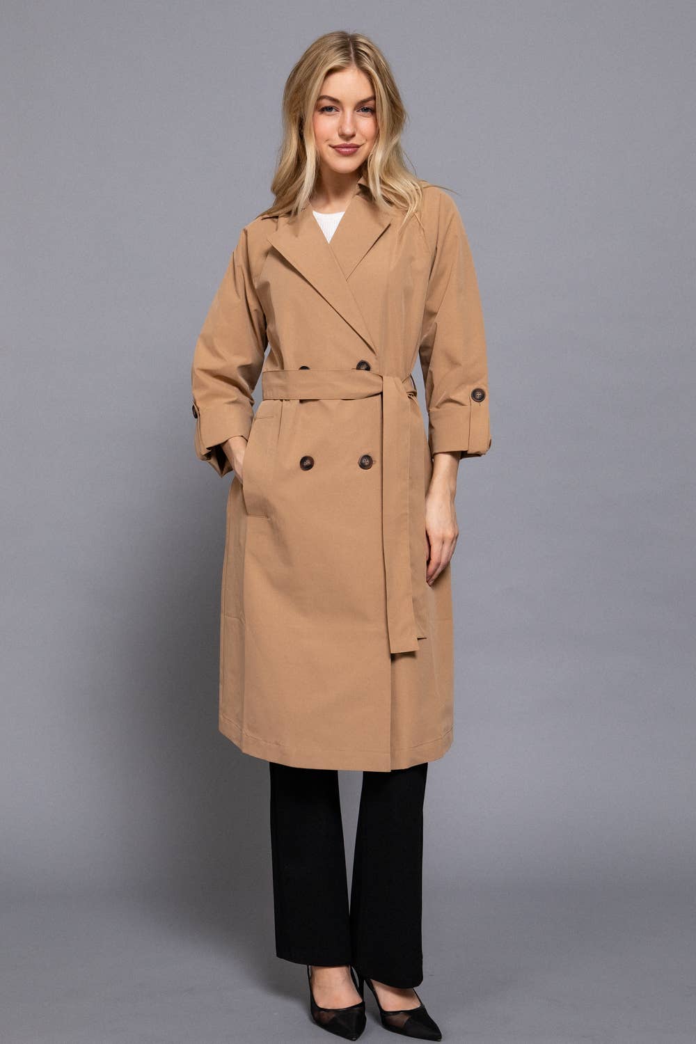 Long Sleeve V-Neck Lapel Collar Trench Coat with Belt