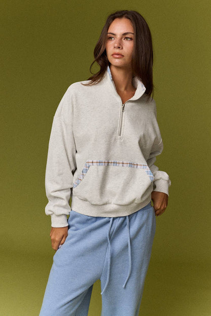 Caroline Plaid Trim Quarter Zip Pullover