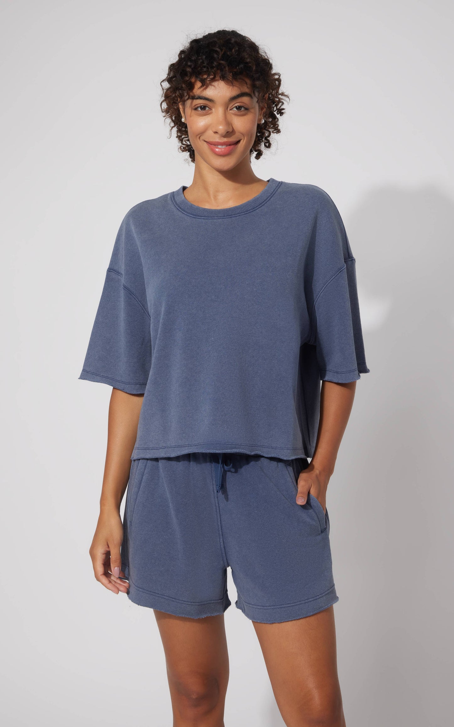 Women's Loop Terry Raw Edge Crew Short Sleeve Top and Shorts