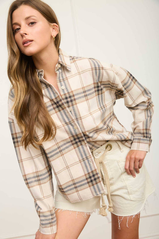 Plaid Button Laid Boxy Long Sleeve Shirt