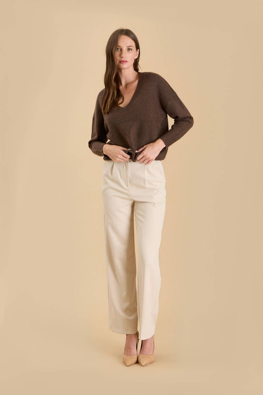 Solid V Neck Drop Shoulder Knit Sweater
